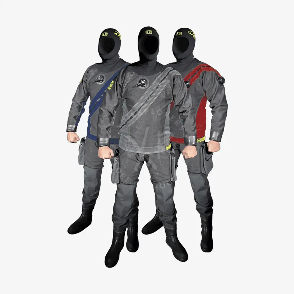 Three gray full-body scuba drysuits with black hoods and boots featuring blue and red accents by sf tech tnt one
