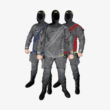 Three gray full-body scuba drysuits with black hoods and boots featuring blue and red accents by sf tech tnt one
