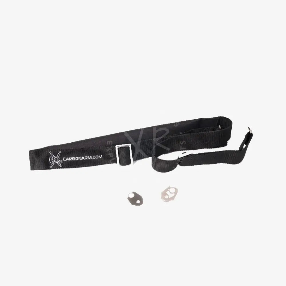 Black woven shoulder strap kit with silver buckle and metallic attachments branded carbonarm.com on the side