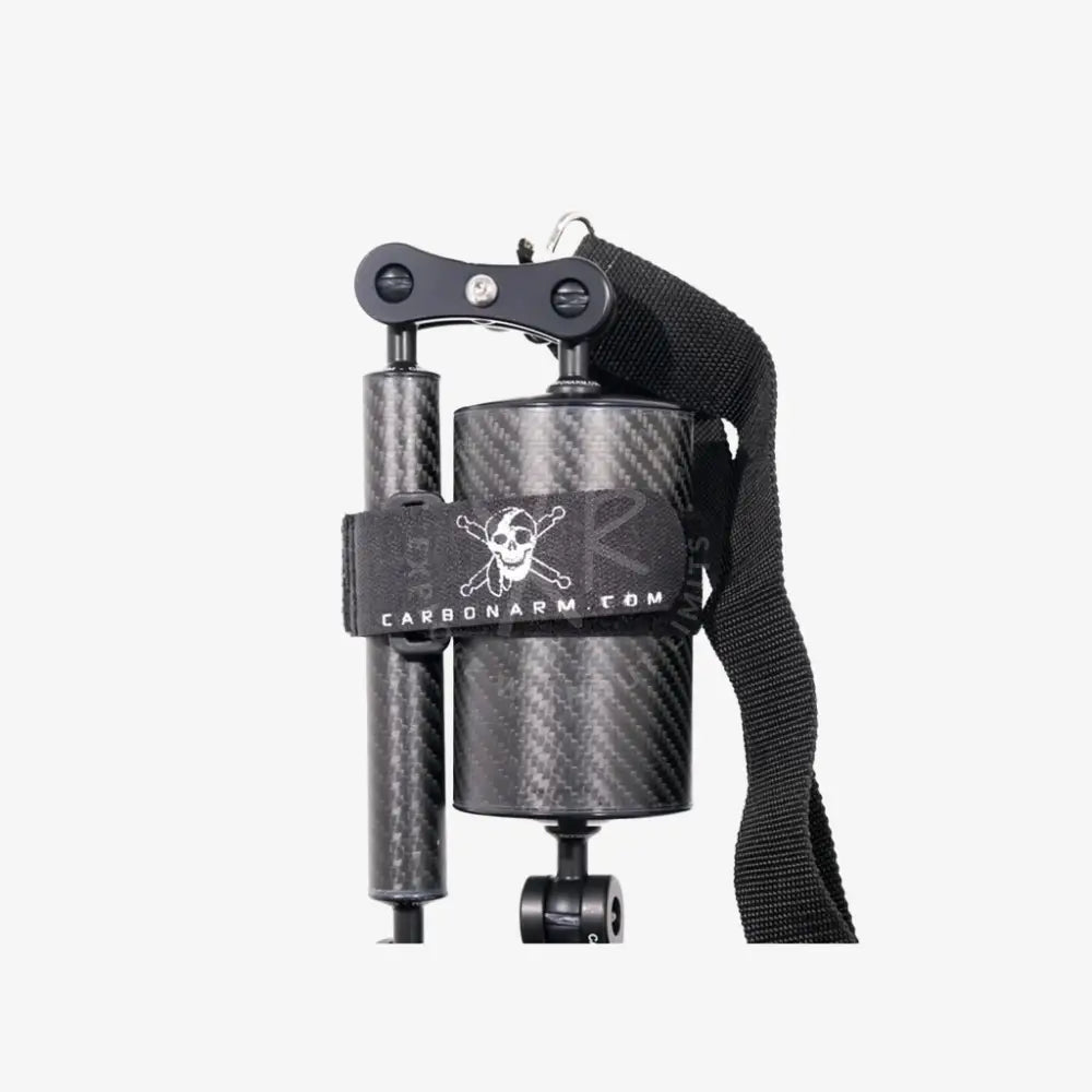 Black carbon fiber tripod arm with skull and crossbones logo on strap from shoulder strap kit