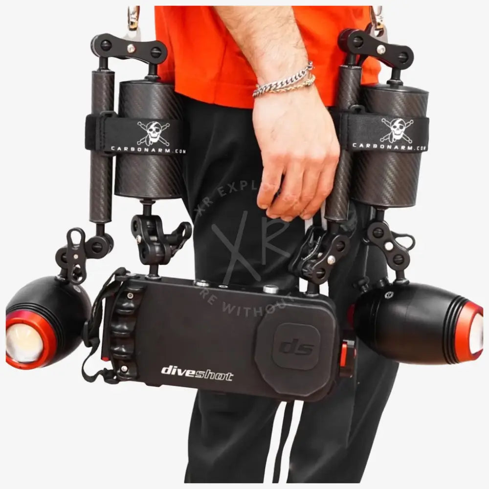 Black carbon fiber diveshot ds underwater camera rig with red accent lights and adjustable arms with shoulder strap kit