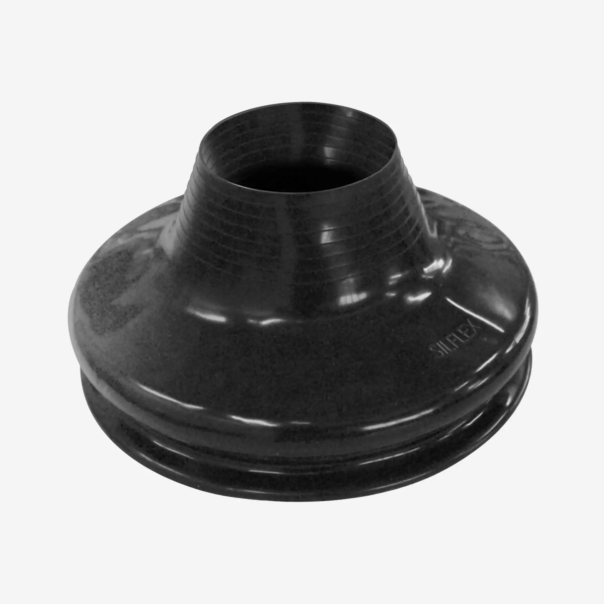Black rubber engine mount with ribbed texture and molded branding for si tech silicone neck seal small or standard