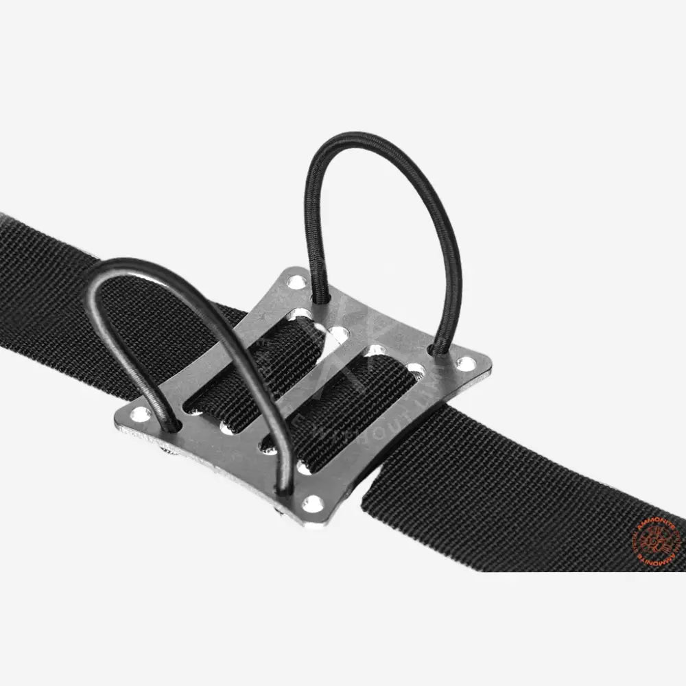 Black strap with metal buckle on a white background