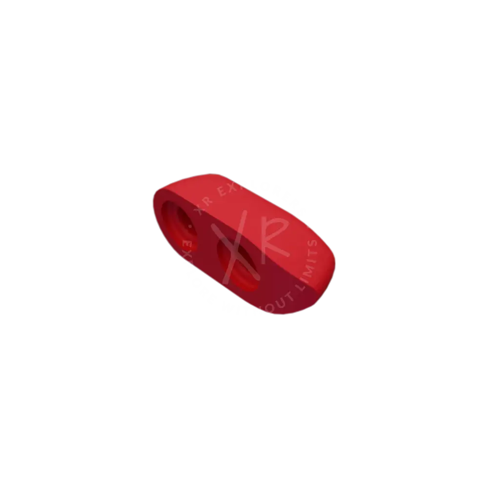 Red silicone blind plug with two circular holes and a plastic connector for secure sealing and protection
