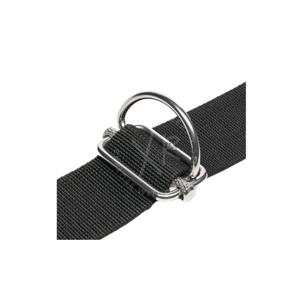 Black nylon sliding d-ring strap with silver-toned metal buckle and d-ring for adjustable fastening