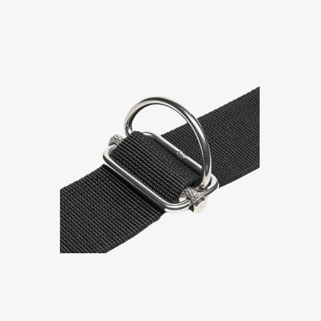 Black nylon sliding d-ring strap with silver-toned metal buckle and d-ring for adjustable fastening
