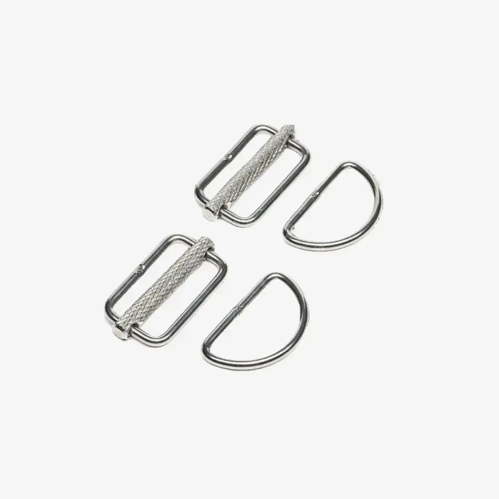 Two pairs of stainless steel sliding D-rings for sidemount diving, isolated on a white background.