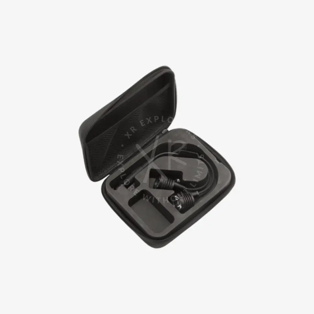 Black hard-shell sls2 soft transport case with molded compartments holding a pair of black wireless earbuds