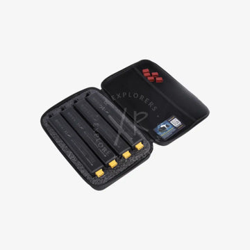 Black soft transport case containing four black batteries with yellow connectors for air-travel safe storage