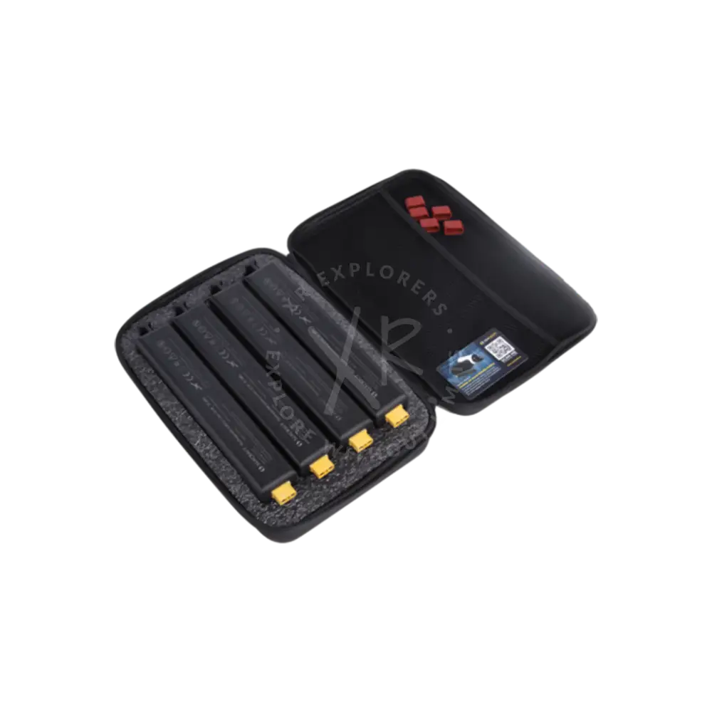 Black soft transport case containing four black batteries with yellow connectors for air-travel safe storage