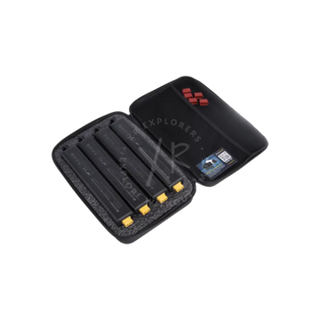 Black soft transport case containing four black batteries with yellow connectors for air-travel safe storage