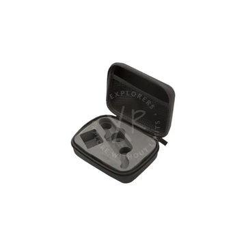 Black hard-shell soft transport case for the surveyor with molded foam interior to hold a pair of glasses