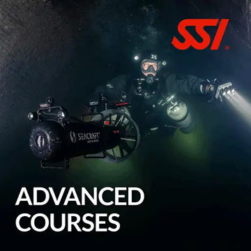 Diver exploring a shipwreck with SSI logo and text overlay