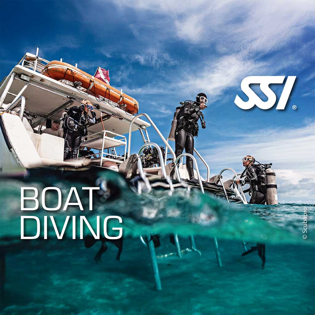 Promotional image for SSI Boat Diving course featuring divers on a boat with diving equipment and the SSI logo.