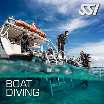 Promotional image for SSI Boat Diving course featuring divers on a boat with diving equipment and the SSI logo.