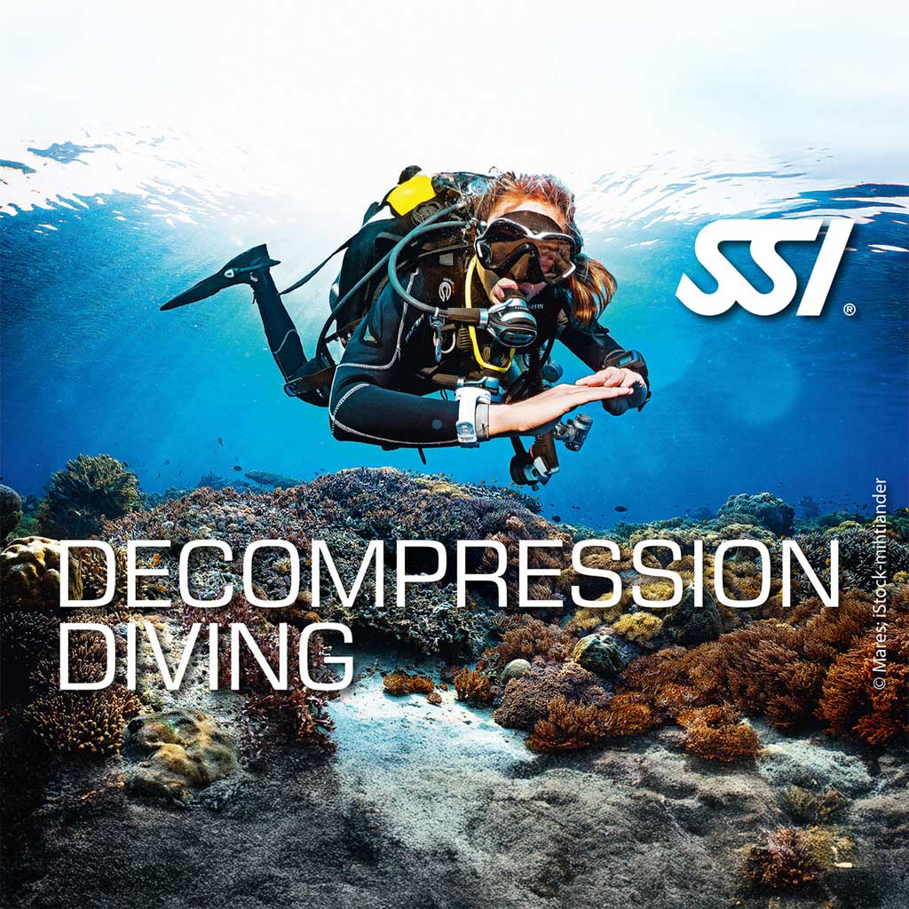 Promotional image for SSI Decompression Diver course featuring a diver underwater with coral reef in the background, with the text 'DECOMPRESSION DIVING' across the top.