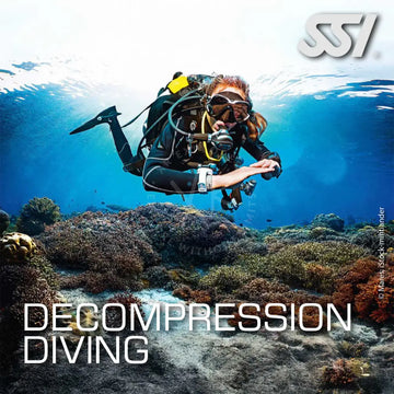 Promotional image for SSI Decompression Diver course featuring a diver underwater with coral reef in the background, with the text 'DECOMPRESSION DIVING' across the top.