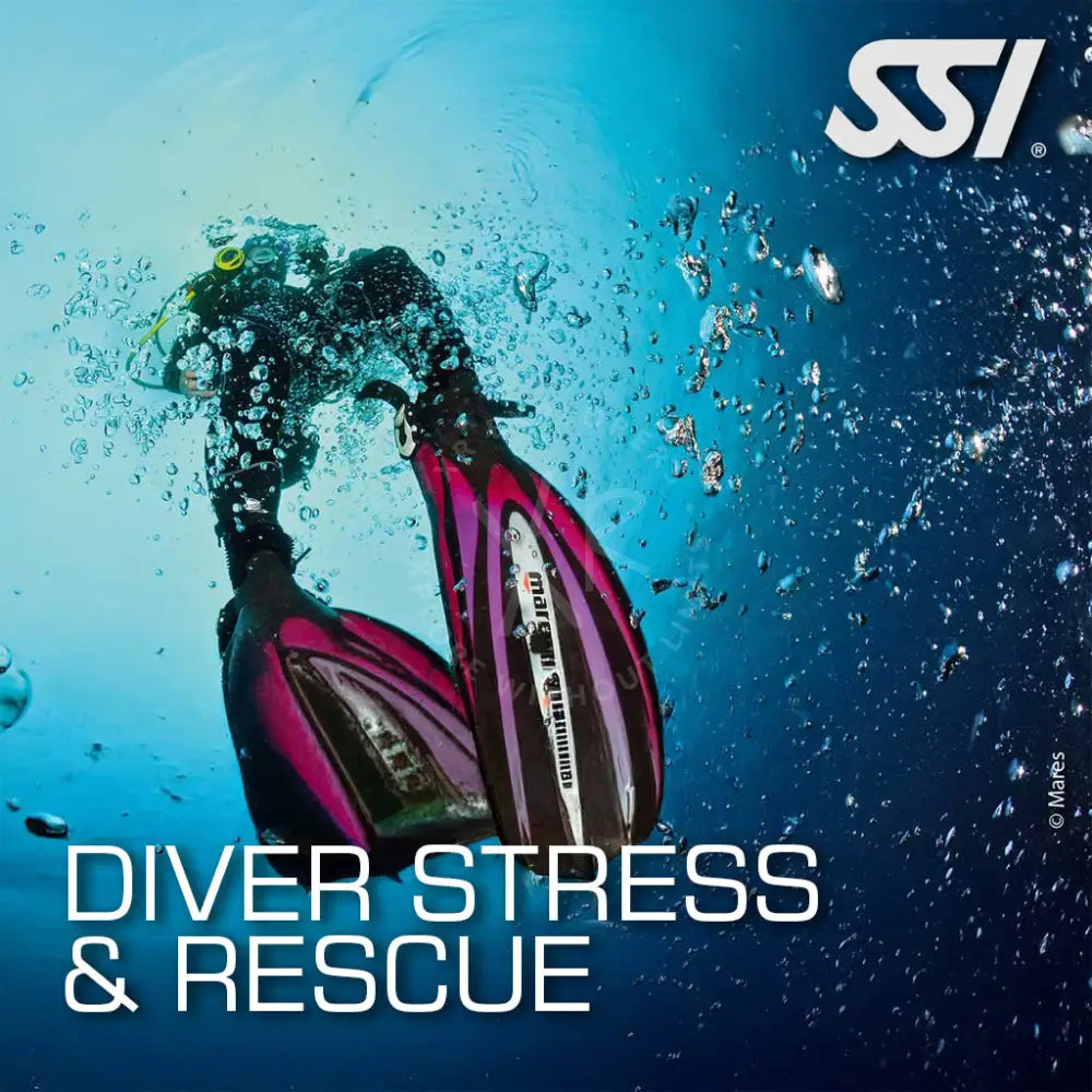 Underwater image featuring diving equipment with the text 'DIVER STRESS & RESCUE' prominently displayed, indicating the course's focus on emergency diving situations.