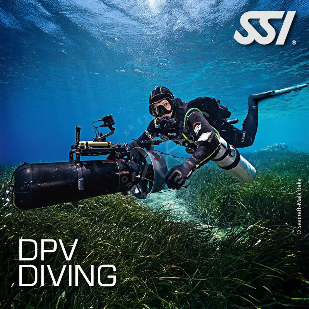 A promotional image featuring a diver with a Seacraft DPV underwater, with 'DPV DIVING' text overlay.