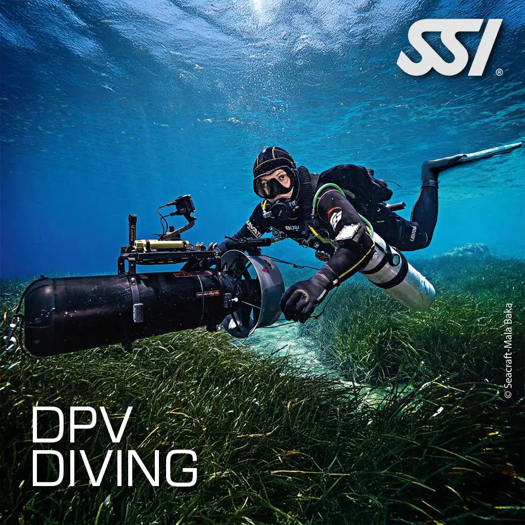 A promotional image featuring a diver with a Seacraft DPV underwater, with 'DPV DIVING' text overlay.