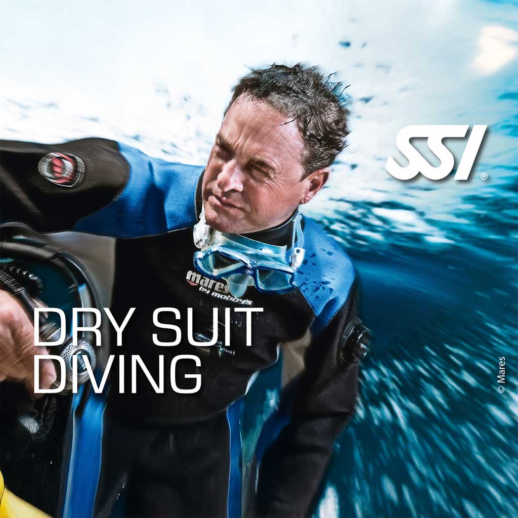 Promotional image featuring a diver in dry suit attire with the text 'DRY SUIT DIVING' and 'SSI' logo, indicating a specialty course in drysuit diving.