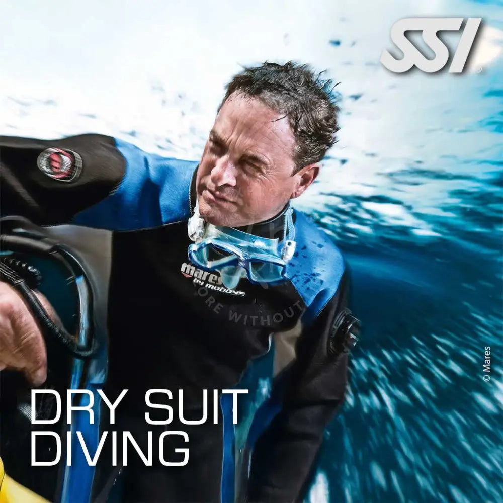 Promotional image featuring a diver in dry suit attire with the text 'DRY SUIT DIVING' and 'SSI' logo, indicating a specialty course in drysuit diving.
