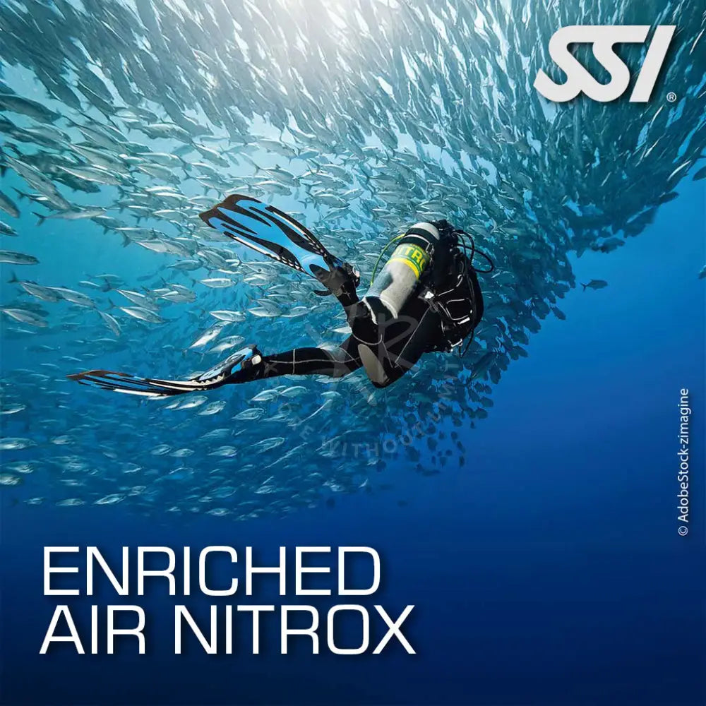 A promotional image featuring a diver in an underwater setting with fish in the background, showcasing the SSI Enriched Air Nitrox course. The diver is equipped with scuba gear and the text 'ENRICHED AIR NITROX' is prominently displayed.