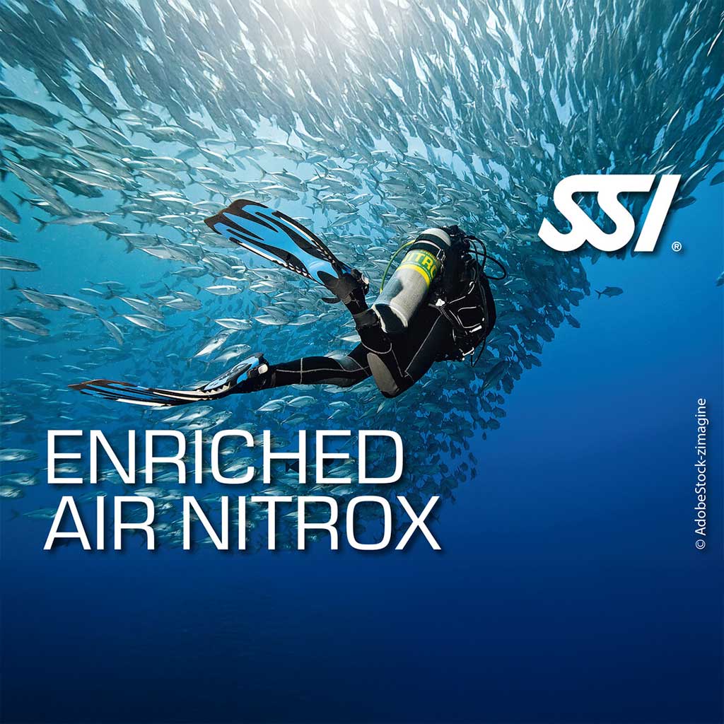 A promotional image featuring a diver in an underwater setting with fish in the background, showcasing the SSI Enriched Air Nitrox course. The diver is equipped with scuba gear and the text 'ENRICHED AIR NITROX' is prominently displayed.