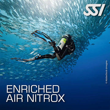 A promotional image featuring a diver in an underwater setting with fish in the background, showcasing the SSI Enriched Air Nitrox course. The diver is equipped with scuba gear and the text 'ENRICHED AIR NITROX' is prominently displayed.