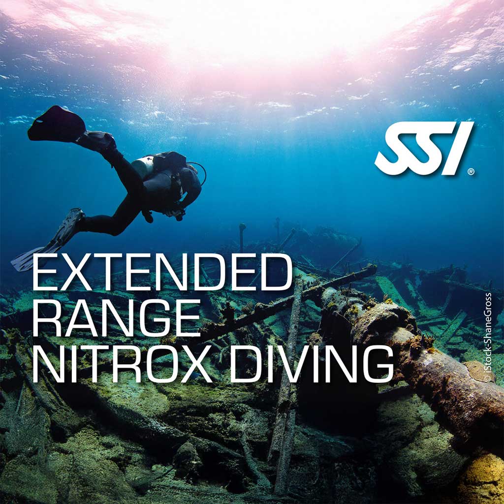 A promotional image featuring a diver underwater with text overlay for 'Extended Range Nitrox Diving' course.