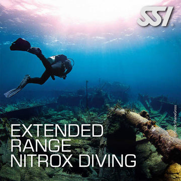 A promotional image featuring a diver underwater with text overlay for 'Extended Range Nitrox Diving' course.