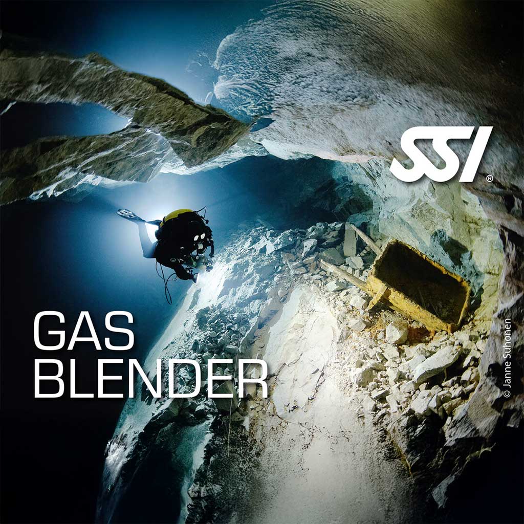 An image featuring a diver underwater with equipment, highlighting the technical aspect of gas blending for diving.