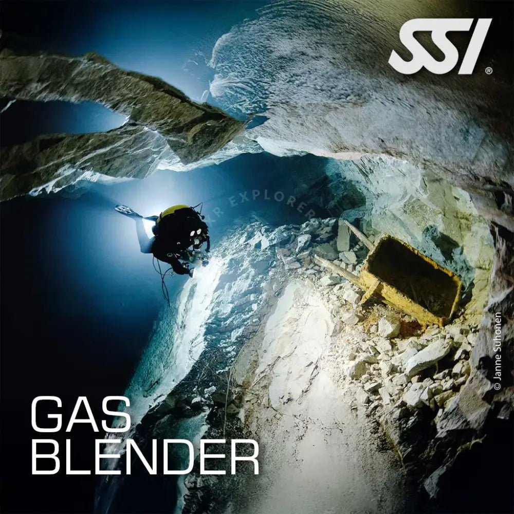 An image featuring a diver underwater with equipment, highlighting the technical aspect of gas blending for diving.