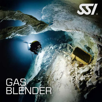 An image featuring a diver underwater with equipment, highlighting the technical aspect of gas blending for diving.