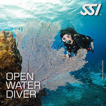 Promotional image for SSI Open Water Diver course featuring a diver underwater with marine life, including a large sea fan.