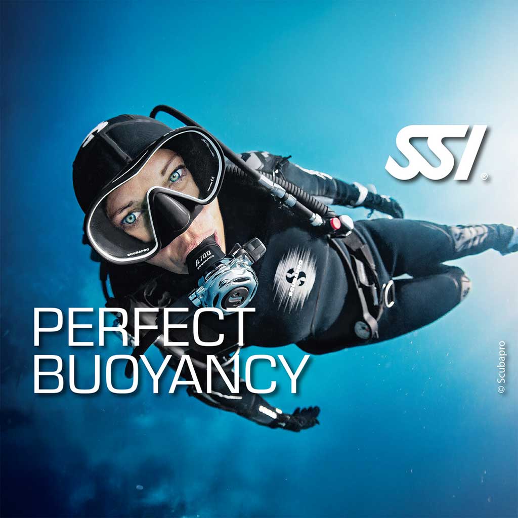 A promotional image featuring a diver in mid-water, looking at the camera, with the text 'PERFECT BUOYANCY' and 'SSI' logo.