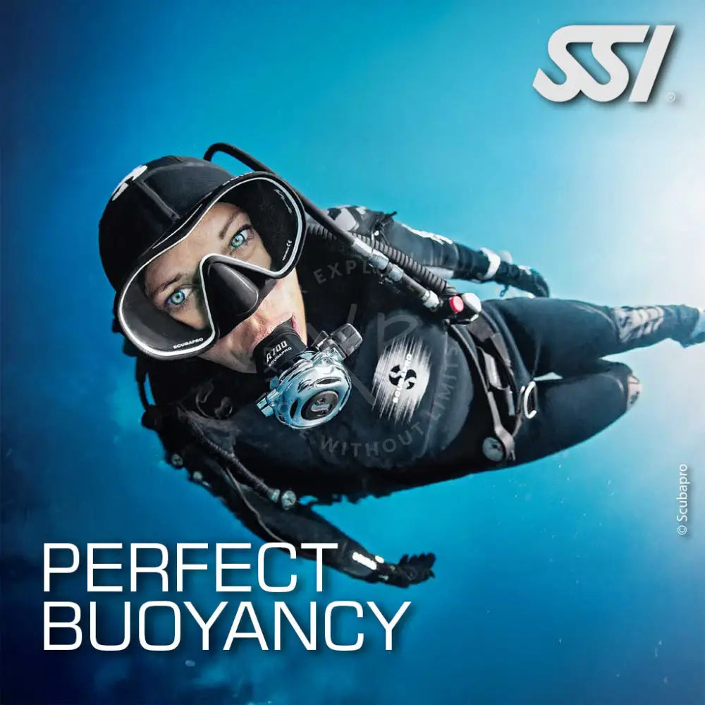 A promotional image featuring a diver in mid-water, looking at the camera, with the text 'PERFECT BUOYANCY' and 'SSI' logo.