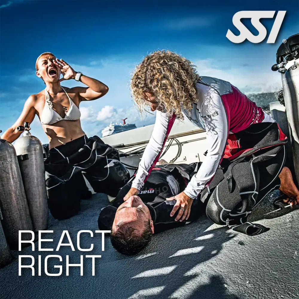 Promotional image for SSI React Right course featuring two adults; one simulated in distress being assisted by the other, set against a backdrop with diving equipment and the text 'REACT RIGHT'.
