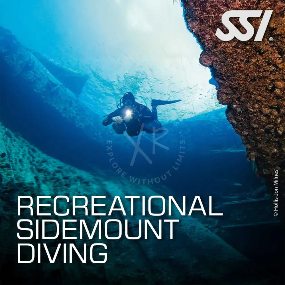 Promotional image for SSI Recreational Sidemount Diving course featuring a diver swimming by awreck underwater, with the SSI logo and course name displayed.