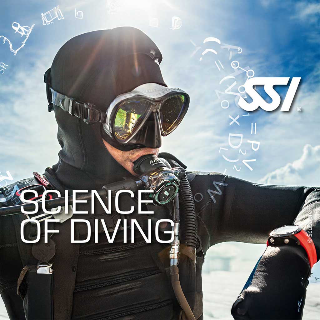 A promotional image featuring a diver with gear, including a mask and a buoyancy compensator, with the text 'SCIENCE OF DIVING' and the SSI logo.
