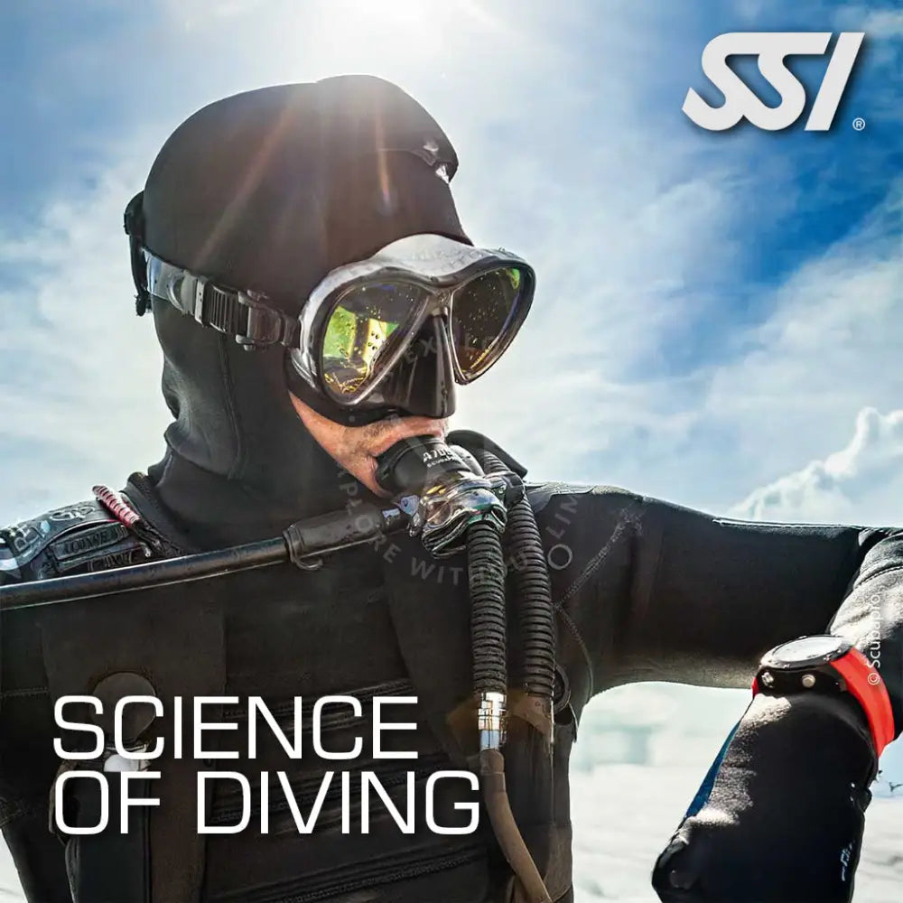 A promotional image featuring a diver with gear, including a mask and a buoyancy compensator, with the text 'SCIENCE OF DIVING' and the SSI logo.