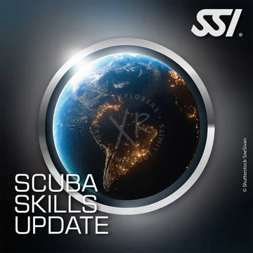Promotional graphic for SSI Scuba Skills Update featuring an image of Earth from space with city lights visible, emphasizing the theme of underwater skills update.