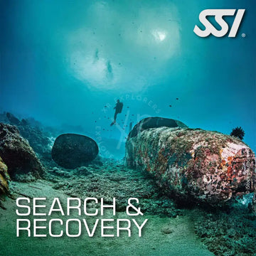 Underwater scene with a diver and a sunken shipwreck, showcasing the SSI Search & Recovery specialty course.