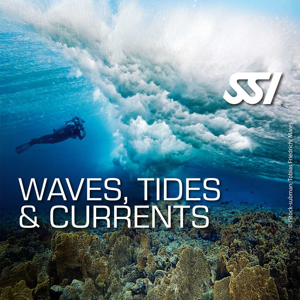 Promotional image for SSI Waves, Tides & Currents course featuring a diver in underwater environment with a large wave in the background.
