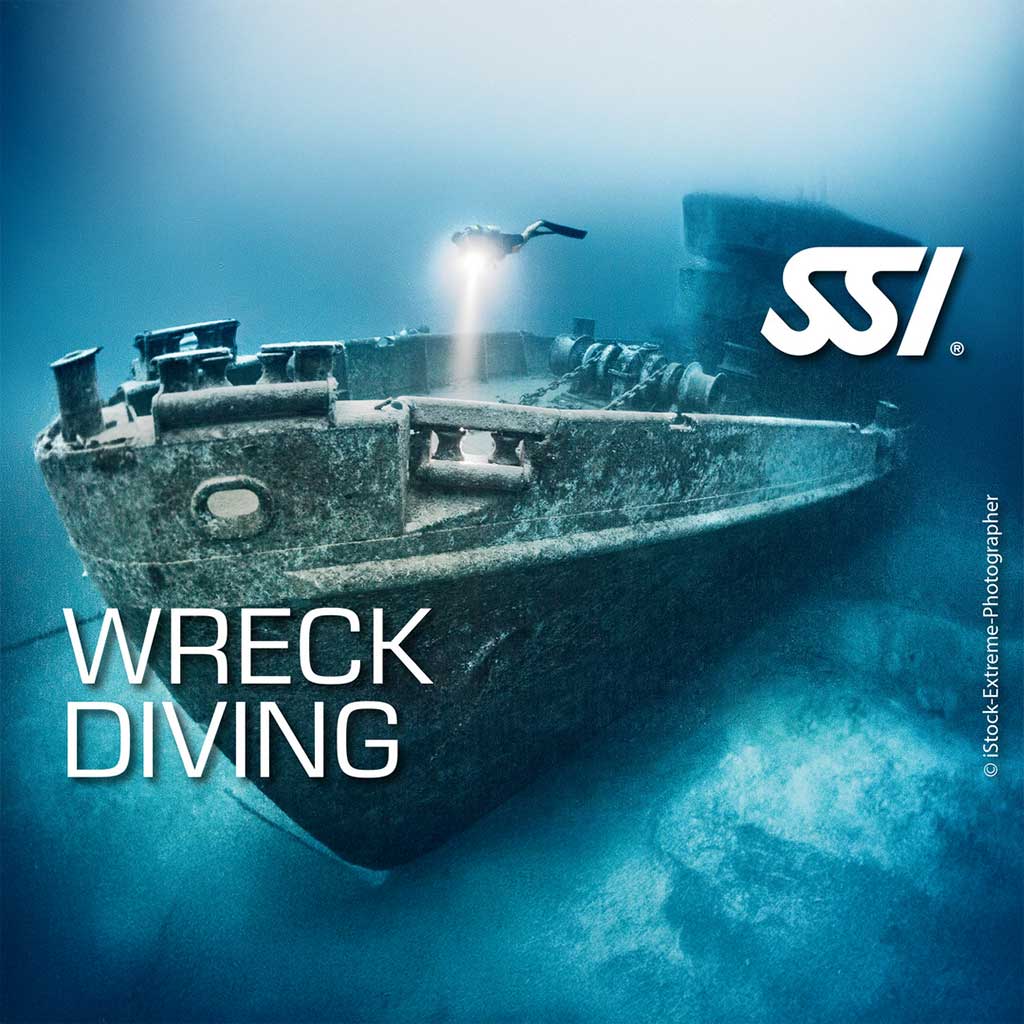 Promotional image for SSI Wreck Diving course featuring an underwater shipwreck with the SSI logo and the text 'WRECK DIVING'.