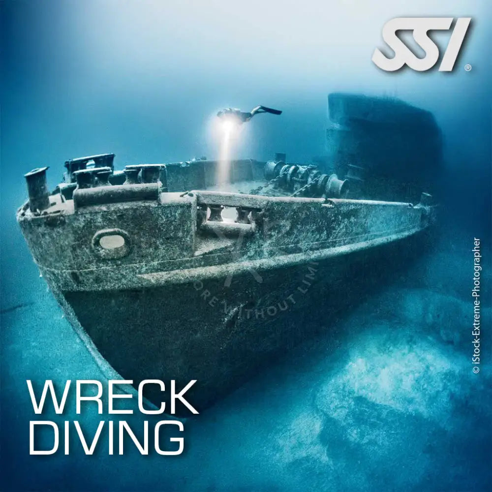 Promotional image for SSI Wreck Diving course featuring an underwater shipwreck with the SSI logo and the text 'WRECK DIVING'.