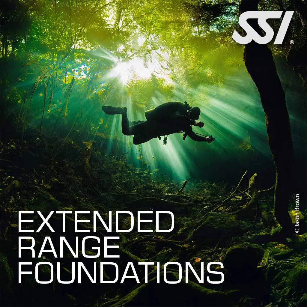 A promotional image featuring a diver underwater with a forest in the background, with the text 'EXTENDED RANGE FOUNDATIONS' and the SSI logo.