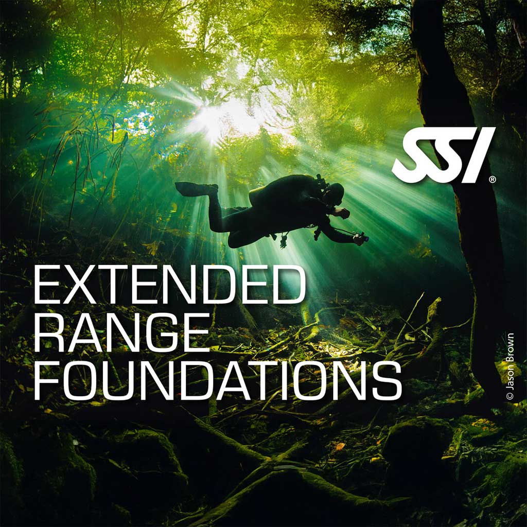 A promotional image featuring a diver underwater with a forest in the background, with the text 'EXTENDED RANGE FOUNDATIONS' and the SSI logo.