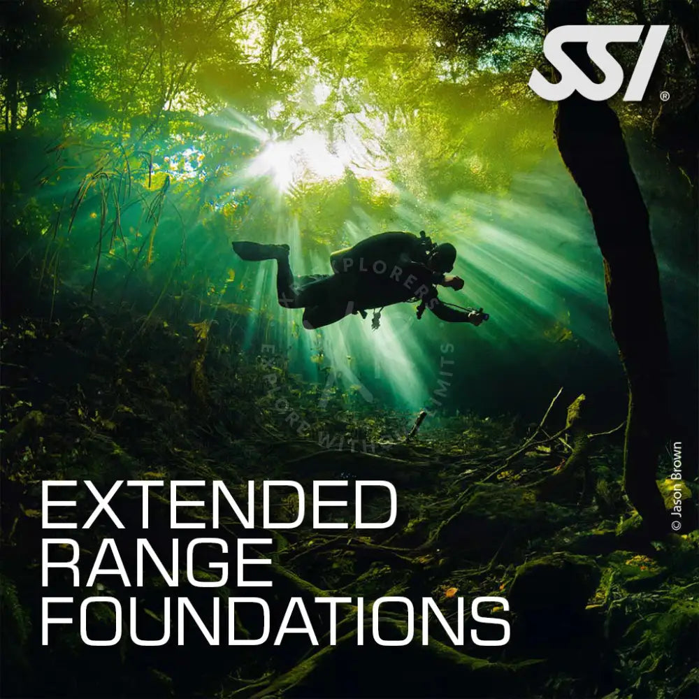 A promotional image featuring a diver underwater with a forest in the background, with the text 'EXTENDED RANGE FOUNDATIONS' and the SSI logo.