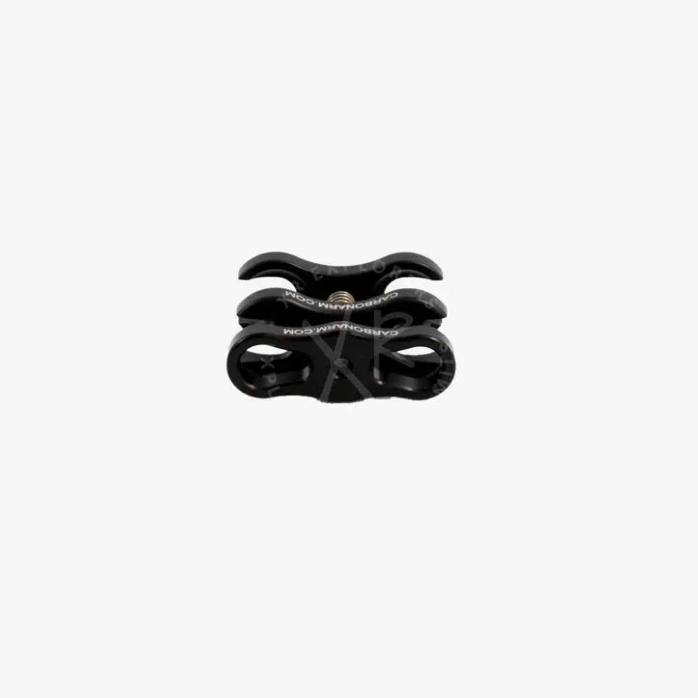 Black carbon fiber standard clamp with central screw and engraved branding for secure camera mounting